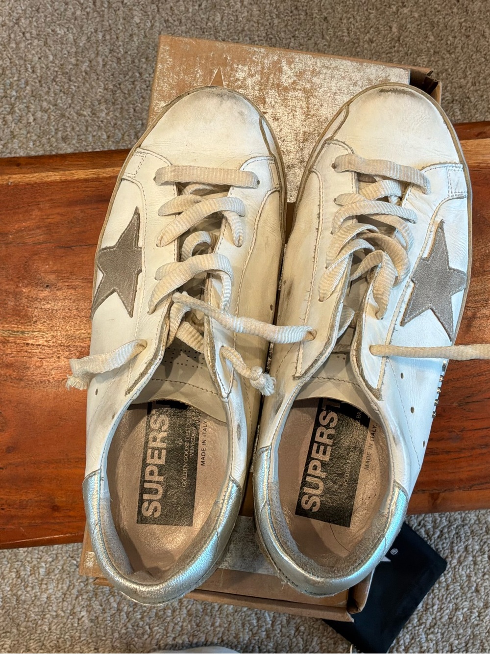 Golden Goose White Leather Sneakers with Taupe Star Accent - Picture 2 of 5